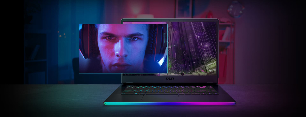 A picture of a gamer is in front of a game scene on the display of an opened GE66 Raider laptop